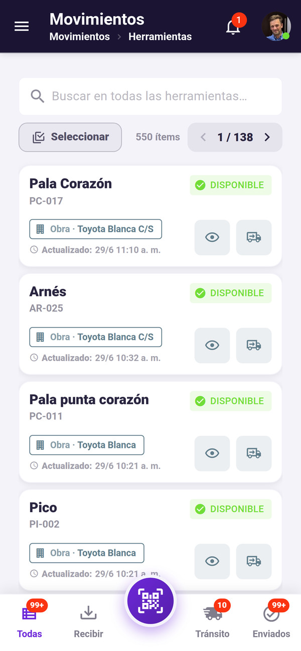 VOBRA · movimientos de herramientas desde el celular