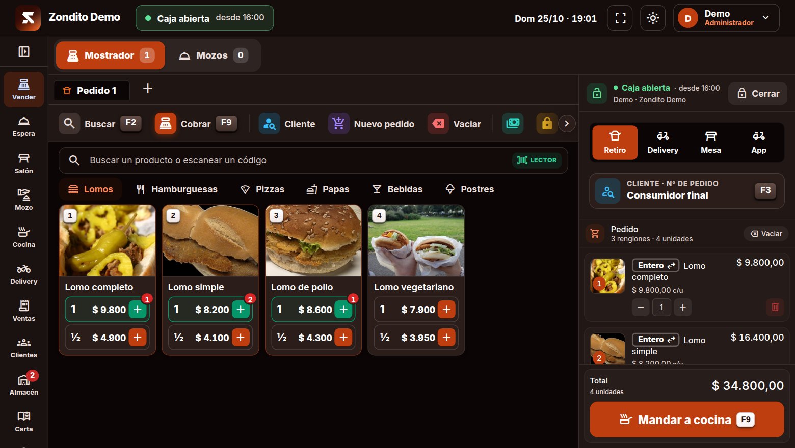 ZONDITO · punto de venta con el pedido armado